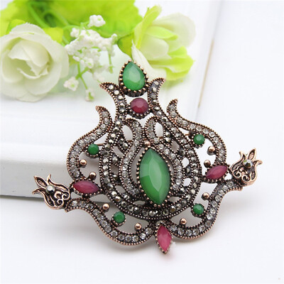 

New Antique Turkish Flower Brooch Retro Gold Color Brooches Broches Crystal Woman Hijab Pins High Quality Jewelry Festival Gift