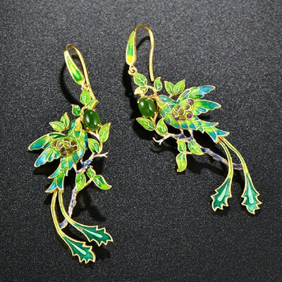 

925 Sterling Silver Jade Earrings Cloisonne National Phoenix Earrings