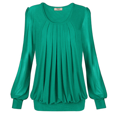

Women TShirt Long Sleeve O-Neck Front Pleated Pullover Candy Color Scoop Crew Pleated Stretch Slim T-shirts Femme Plus Size Tops