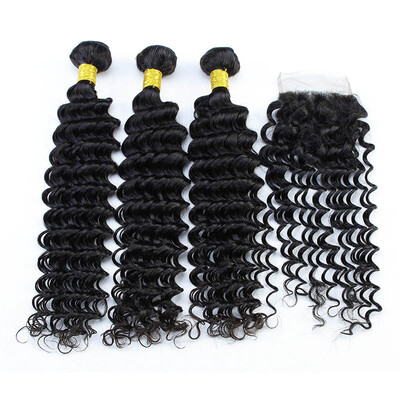 

PASSION HAIR Brazilian Virgin Hair Deep Wave 3 Bundles With 4x4 Free Part Lace Closure Grade 8A Human Hair Weaves Natural Color