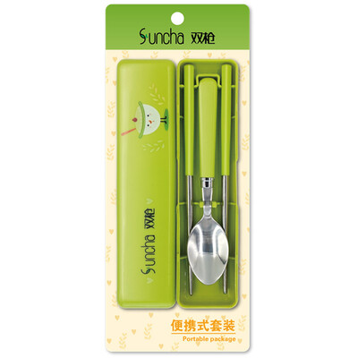 

Double gun Suncha portable chopsticks travel chopsticks spoon set student portable tableware stainless steel chopsticks spoon KZ3198 color random send