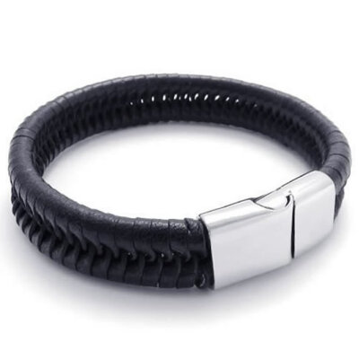 

Hpolw Mens black Stainless Steel/Genuine Leather Hand woven Spring buckle Bracelet