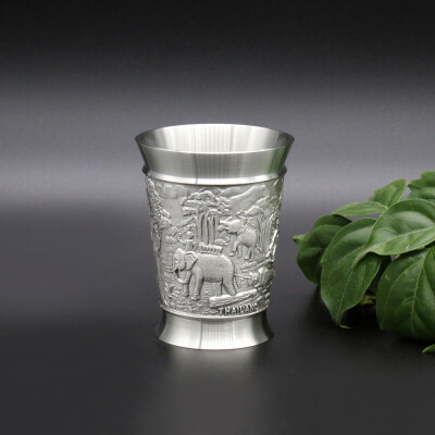 

Oriental Pewter - Liquor Cup Pewter Pure Tin 97 Lead-Free BB7 Hand Carved Beautiful Embossed with Elephants Handmade in Thailand