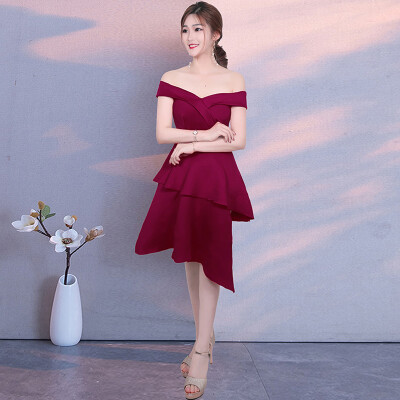 

Evening dress new winter short paragraph banquet dress female fashion word short shoulder long after the annual party dress