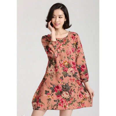 

Printed cotton large size women loose long-sleeved dress