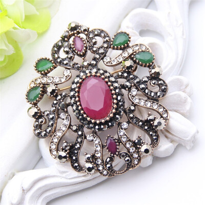 

New Arrived Turkish Rhinestone Brooch Women Ethnic Flower Jewelry Antique Gold Color Multicolor Resin Brooches Broches Bijoux