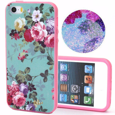 

2 in 1 for iPhone 5 5S Retro Soft Silicone Bling Glitter Flower Cake Leaf Printed Back Skin+Bumper Frame Apple iPhone 5 5S