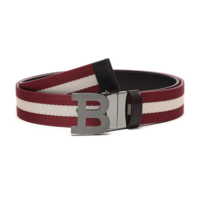 

BALLY Bally Mens Red Beige Striped Brown Fabric with Leather Button Buckle Double Belt Belt B BUCKLE 35 MT 22 105cm