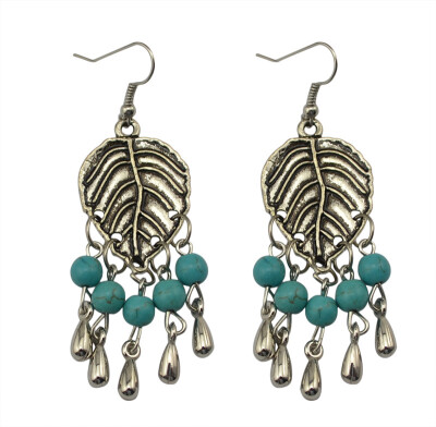 

Idealway Bohemian Style Silver Alloy Leaf Natural Turquoise Beads Tassel Drop Dangle Long Earrings Females Earrings