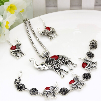 

Vintage Turkish Elephant Jewelry Sets Retro Silver Color India Jewelry Necklace Hook Earrings Flower Bracelet Bohemia Bridal