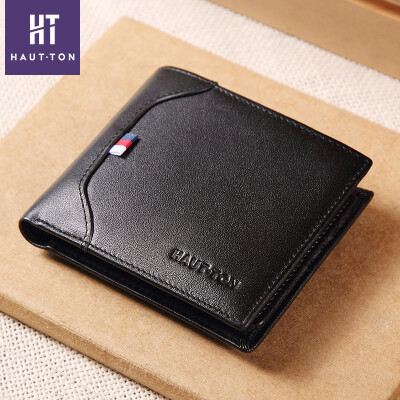 

HAUTTON wallet mens first layer cowhide trend short card package drivers license set cross section youth fashion casual wallet 917110JD002 black