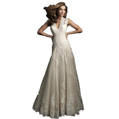 

V Neck Embroidery Lace Vintage Fishtail Wedding Gown