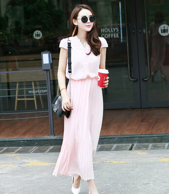 

Ladies Pleated Sleeveless Dress Elastic Waisted Chiffon Long Dress