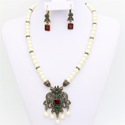 

Vintage Women Earring Necklace Jewelry Set Turkish Hook Long Flower Earring Arab Resin Bead Necklace Antique Gold Color Bijoux