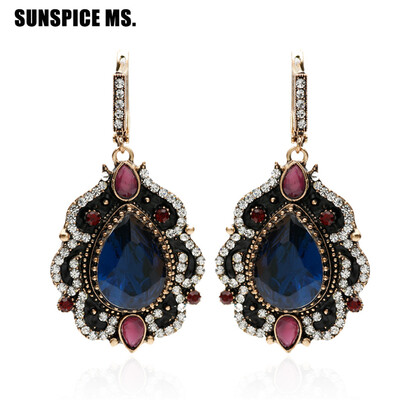 

New Turkish Women Long Hook Vintage Earrings Water Drop Resin Antique Gold Color Ethnic Jewelry Indian Bridal Wedding Bijoux