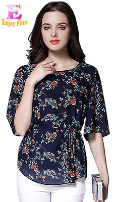 

L XL XXL 3XL 4XL 5XL plus size chiffon vintage new summer 2018 blue flower print blouse women large size half sleeve belt female