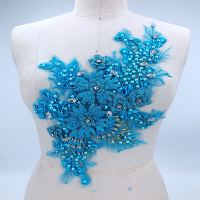 

Three-dimensional flower light blue sew on rhinestones beads lace applique trim patches 3823cm for dress accessory