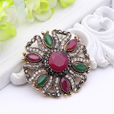 

Vintage Women Flower Brooch Pin Turkish Round Corsage Jewelry Resin Antique Arabesque Broches Brooches Ladies Scarf Hijab Pins