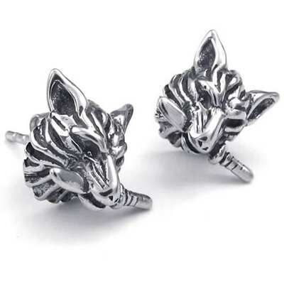

Hpolw Mens Stainless Steel Gothic Tribal Dagger Wolf Stud Earrings Black Silver