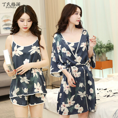 

Dings grate pajamas home service female summer short sexy temptation sexy strap nightdress three-piece suit J48313 gray L