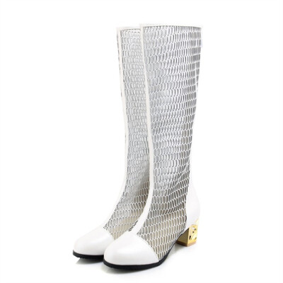 

plus size 34-46 Women Spring Summer Bud Silk Zip Knee High Boots Hollow Cut Outs Crystal Thick Heel High Heels Round Toe Shoes