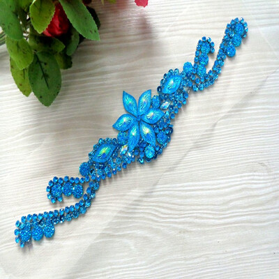 

Light blue 327cm hand made crystal patches sew on Rhinestones applique for top dress skirt belt