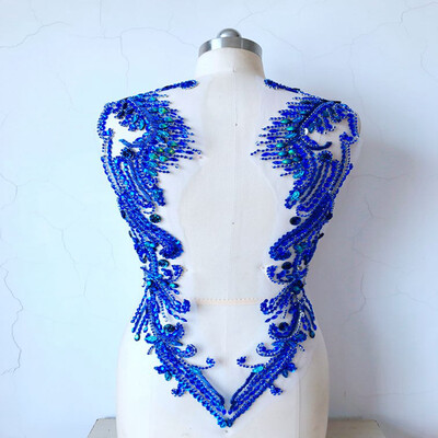 

hand made blue sew on Rhinestones applique on mesh crystal patches trim 6239cm for dress back