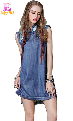 

M L High Quality chest 88-92cm cotton casual summer 2018 blue mini vintage women dress sleeveless jeans denim print loose lady