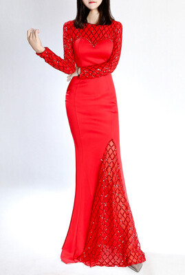

Handmade beaded Sequins Illusion Round Neck Long sleeve Prom Dresses