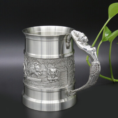 

Oriental Pewter - Pewter Beer Mug Pure Tin 97 Lead-Free BJ12M Hand Carved Beautiful Embossed Handmade in Thailand