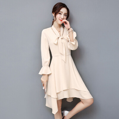 

2018 весной новый нерегулярный край громкоговоритель рукав талия талия ретро с длинными рукавами белье платье