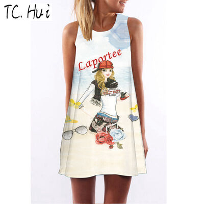 

2018 new trend fashion digital printing round neck strapless dress