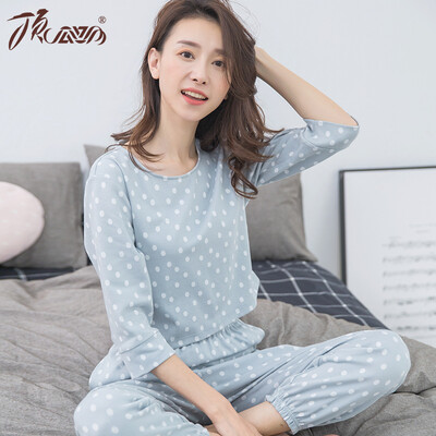 

Top melon melon pajamas home service female cotton wave point lapel casual sweet suit 21020 blue 170