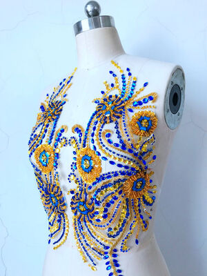 

Pure hand made bluegolden sew on Rhinestones applique on mesh crystals patches 41x39cm DIY dress accessory