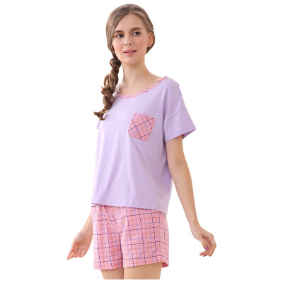 

Red bean home pajamas ladies soft cotton lattice cartoon short sleeve family parent-child couple home suit suit purple 175 96A