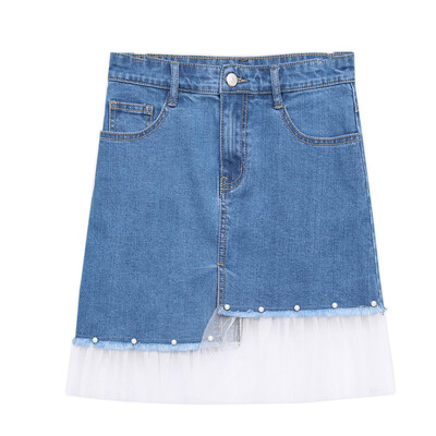 

2018 New Summer Plus size lady skirts with Pearl Lace Matched Spandex cotton denim mini Skirts