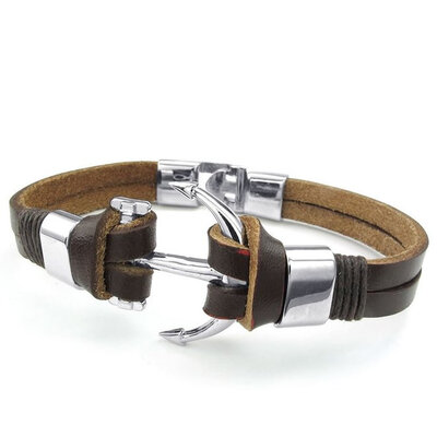 

Hpolw Mens Womens Leather Bracelet Anchor Cuff Bangle Brown Silver