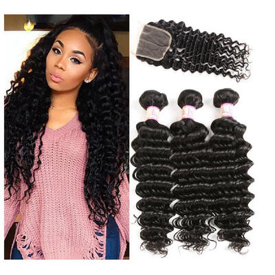 

Protea Brazilian Deep Wave 3 Bundles with Closure Unprocessed Virgin Human Hair with Lace Closure 100 Human Hair Weave