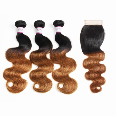 

Racily Hair Ombre Brazilian Body Wave 3 Bundles with Lace Closure Color 1B 30 Black to Dark Brown Free Middle Three Part