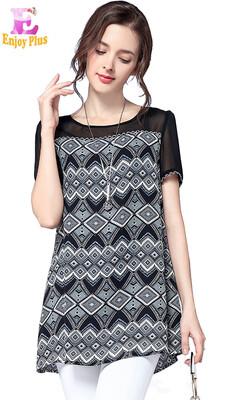 

XL XXL 3XL 4XL 5XL plus size chiffon elegant summer 2018 blouse women short sleeve large size vintage black&white print