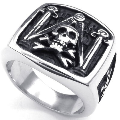 

Hpolw Mens Stainless Steel Ring, Vintage Skull Freemason Masonic, Silver Black