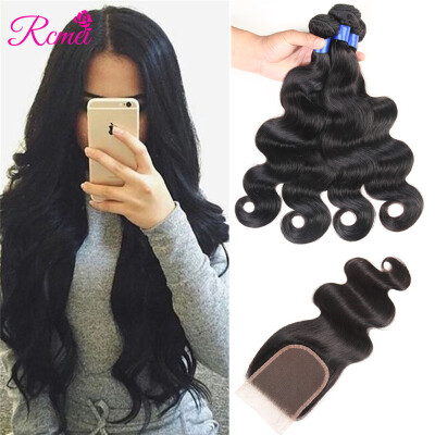 

Rcmei 8A Hair Brazilian Hair Body Wave Bundles With Lace Closure MiddleFree Three Part 4 Bundles Weave With Lace Closrue