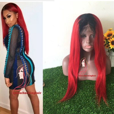 

Dark roots 1b red ombre full lace wigs human hair glueless wig two tone lace front wig ombre red color for black women