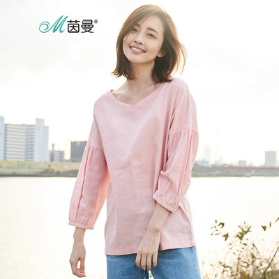 

InMAN INMAN before&after the two long-sleeved V-neck cotton&linen pullover shirt female 18810VP11064 pink L