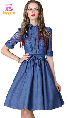 

L High Quality chest 84-88cm vintage cotton summer 2018 blue jeans dress women half sleeve belt elegant lace a line midi lady