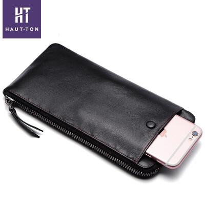

HAUT TON Mens Wallet Long Soft Leather Handbag Zipper Thin Large Capacity Clutch SZB114 Black
