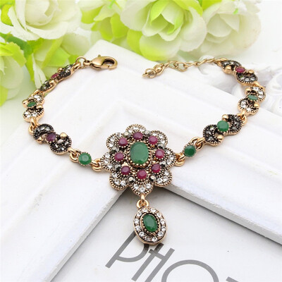 

Hot Vintage Flower Drop Pendant Bracelet Turkish Women Jewelry Resin Retro Gold Color Ethnic Bracelets Arabian Bijoux Gift