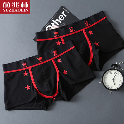 

Yu Zhaolin underwear mens cotton sweat-absorbent five-pointed star printing tide mens underwear boxer U convex waist four corner pants black 2 loaded XL