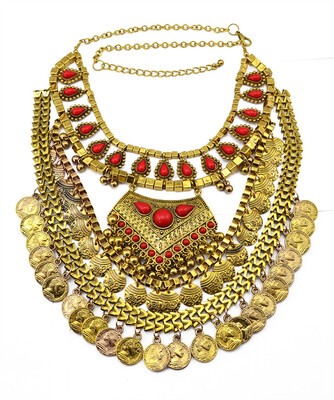 

Idealway Gypsy Ethnic Necklaces 2 Colors Gold Silver Alloy Chunky Chain Gem Stone Queen Head Coin Tassel Choker Necklace