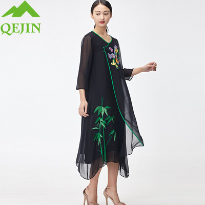 

women dresses summer mulberry silk floral Embroidery elegant female half sleeve O-neck long beach bohemia dresses casual vintage